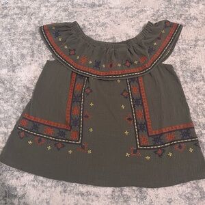Easel Women’s Blouse - Olive with Red and Yellow Embroidery